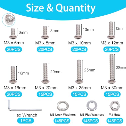 580PCS M3 Screw Kit, M3 x 6/8/10/12/16/20/25/30mm Button Head Socket Cap Screws Bolts Nuts Washers Assortment Kit, 304 Stainless Steel Machine Screws with Hex Wrench - color: SV-SS M3 x 6-30mm/