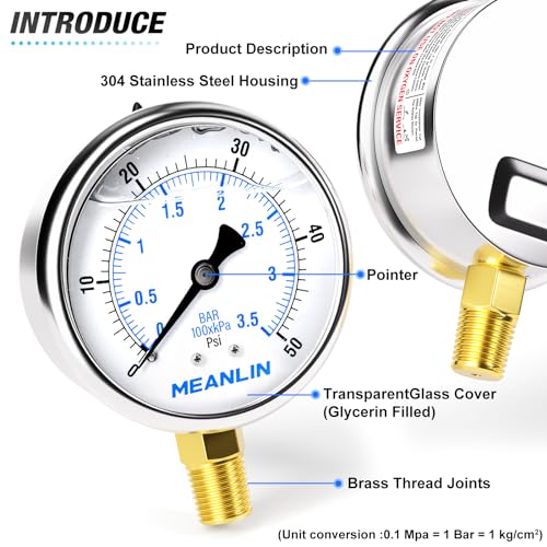 MEANLIN MEASURE 0~50Psi Stainless Steel 1/4" NPT 2.5" FACE DIAL Liquid Filled Pressure Gauge WOG Water Oil Air Lower Mount, with 1/2" NPT and 3/8" NPT Hex Bushing - size: 0-50Psi