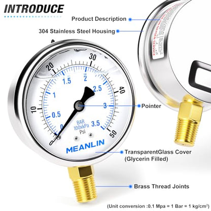 MEANLIN MEASURE 0~50Psi Stainless Steel 1/4" NPT 2.5" FACE DIAL Liquid Filled Pressure Gauge WOG Water Oil Air Lower Mount, with 1/2" NPT and 3/8" NPT Hex Bushing - size: 0-50Psi