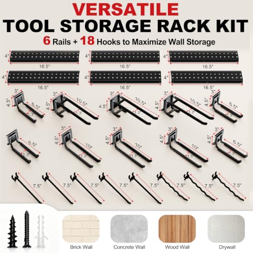 Garage Tool Organizer Wall Mount 99 inches with 18 Adjustable Heavy-Duty Hooks, Garage Organization, Garden Tool Storage Rack, Yard, and Shed, Holds Up to 750 lbs - size: 99" | 6 Panels + 18 Hooks