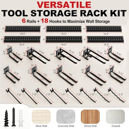 Garage Tool Organizer Wall Mount 99 inches with 18 Adjustable Heavy-Duty Hooks, Garage Organization, Garden Tool Storage Rack, Yard, and Shed, Holds Up to 750 lbs - size: 99" | 6 Panels + 18 Hooks