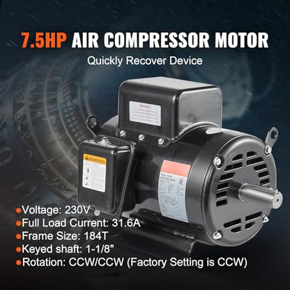 VEVOR 7.5HP Air Compressor Electric Motor, 230V 31.6A 3450RPM 184T Frame - size: 7.5P-.2.75''Shaft Length