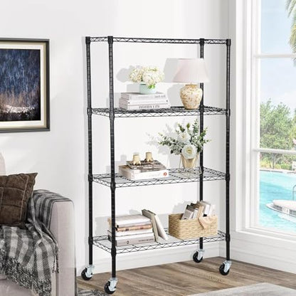 Meet perfect 4-Tier Wire Shelving Unit with Wheels, 36x14x62 in, Black - color: Black, size: 4-Tier, 62"H × 36"W × 14"D