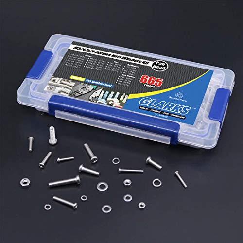 Glarks 665Pcs M3 M4 M5 M6 Stainless Steel Phillips Pan Head Screws Bolts Nuts and Flat Gasket Spring Washers Assortment Kit - style: Pan head screws