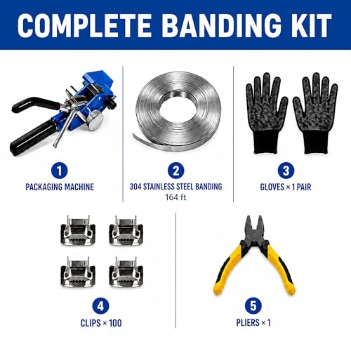 164ft Stainless Steel Banding Kit 304 Steel Strapping Kit 3/8" with Ratchet Tensioner Cutter Crimper Pliers with 100 Buckles for Pipe Pole Pallet Tensioning Packing Bundling