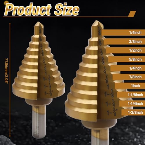Uenhoy Titanium Step Drill Bit 1/4 to 1-3/8 Inches, 10 Sizes Drill Cone Bit - size: 1/4 to 1-3/8 Inch