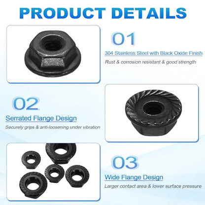 50Pcs Serrated Flange Hex Nuts #6-32-UNC 304 Stainless Steel - color: Black, size: #6-32