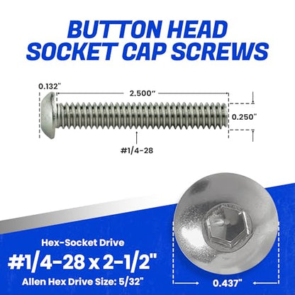 Fastenere Button Head Socket Cap Screws - 1/4-28 x 2-1/2" (25 Pack) Stainless Steel 18-8, Full Thread, Bright Plain Finish, Corrosion-Resistant, Machine Thread, Easy to Install w/Allen Socket Drive - size: 1/4-28 x 2-1/2" (25 Pack)