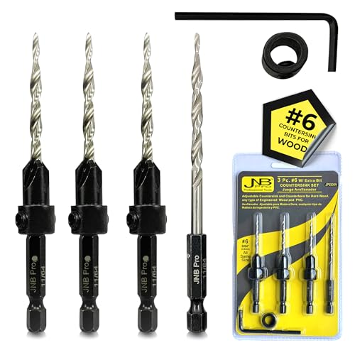 Countersink Bit Set for Wood, 3 Bits + 1 Free Extra, Tapered Bits with Adjustable Collar & Hex Wrench, Collar Set for Drilling, Precision Woodworking Tools, Durable Construction, #6 (9/64") - style: 4 Pc #6 (9/64")