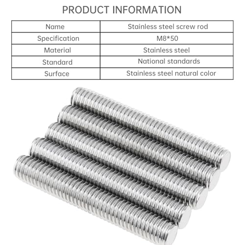 5 Pack M8-1.25 50mm Fully Threaded Rod 304 Stainless Steel 1.25mm Thread Pitch Screw Right Hand Threads Rods Bar Studs for Furniture Machinery Assembly (M8x50mm) - size: M8x50mm