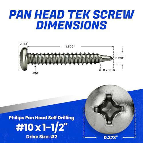 Fastenere Pan Head Self Drilling Tek Screws - #10 x 1-1/2" (50 Pack) Stainless Steel 410,Full Thread, Bright Plain Finish, Corrosion-Resistant, Self-Drilling, Easy to Install w/Phillips Drive Size #2 - size: #10 x 1-1/2" (50 Pack)