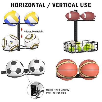 8 Tier Detachable Wall Mounted Basketball Rack, Vertical/Horizontal Football Holder, Holds 14 Balls DIY 1/2/3/4 Soccer Stand, Height-Adjustable Ball Rack with Basket for Garage, Tool Room, Metal-Black