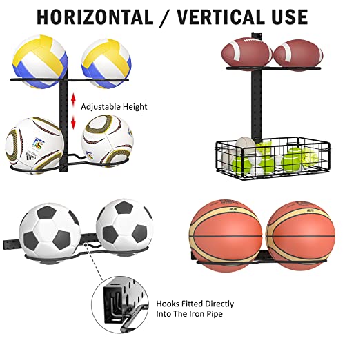 8 Tier Detachable Wall Mounted Basketball Rack, Vertical/Horizontal Football Holder, Holds 14 Balls DIY 1/2/3/4 Soccer Stand, Height-Adjustable Ball Rack with Basket for Garage, Tool Room, Metal-Black