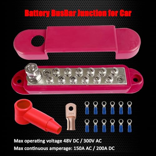 Ampper 1/4" Stud Power Distribution Block Bus Bar 12 x #8 Screw Kit, Red - color: Red, size: Plated Brass Kit