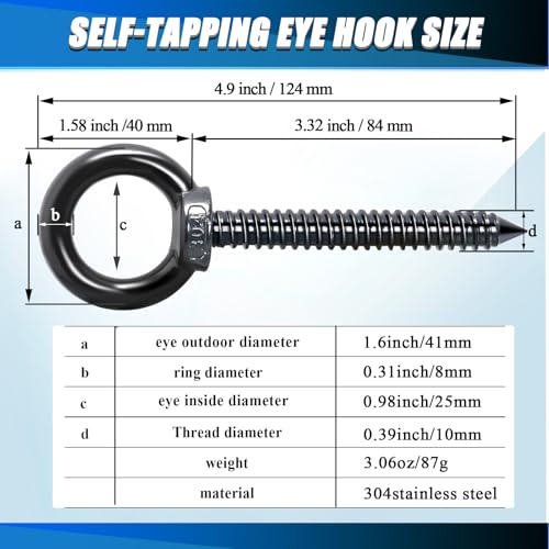 OHIYO 5 Inch Heavy Duty Eye Hooks M10 Eyelet Screw Load Capacity 600LBS Heavy Duty Screw in Eye Hooks for Hammock Stand, Swing Chair, Yoga, Heavy Indoor & Outdoor Uses (Black) - color: Black, size: 5 Inch