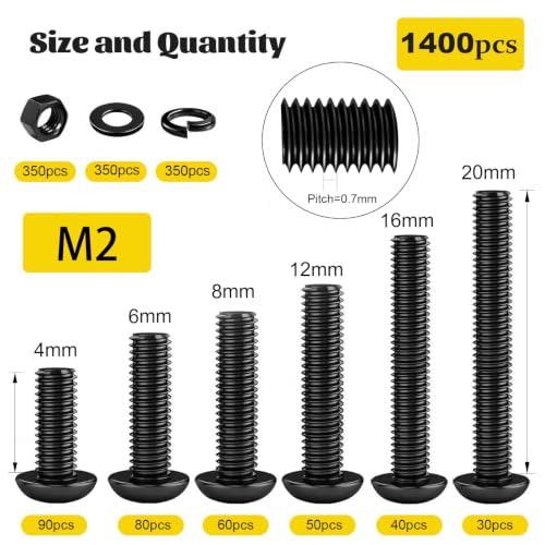 1400PCS M2 Hex Button Head Screws Assortment Kit,M2x4/6/8/12/16/20 mm - size: M2 1400pcs