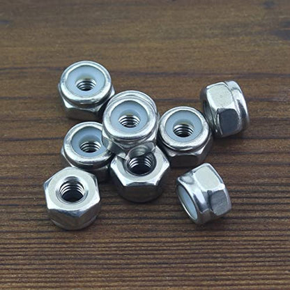 HELIFOUNER 100 Pieces #8-32 Nylon Insert Hex Lock Nuts, 304 Stainless Steel (18-8) Locknuts, Bright Finish, Coarse Thread - size: #8-32 (100 pcs)