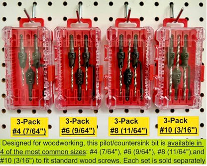 FTG USA 3-Pk #6 (9/64") Countersink Drill Bit Set, 1 Stop, 1 Wrench & Case - size: #6, style: 3 Pc with Depth Stop and Case