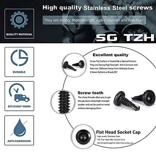 #12 x 1-1/4" Sheet Metal Screws 100Pcs 410 Stainless Steel Flat Head Socket Cap, Tek Allen Socket Drive Self Tapping Black Oxide by SG TZH - size: #12 x 1-1/4"