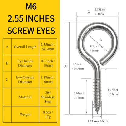 2.55 Inch Size - M6 304 Stainless Steel Heavy Duty Screw Eye Hooks