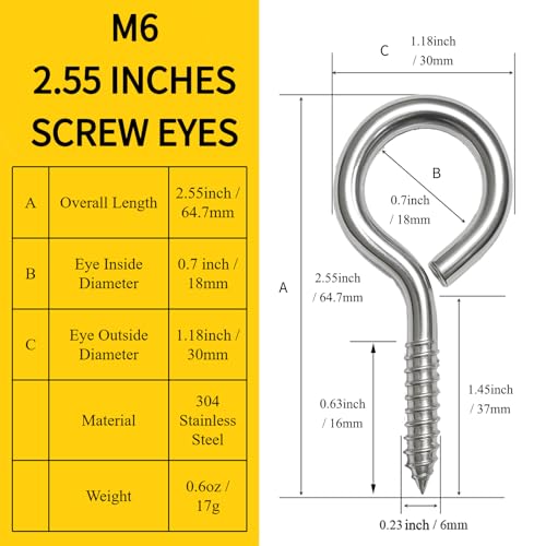 2.55 Inch Size - M6 304 Stainless Steel Heavy Duty Screw Eye Hooks