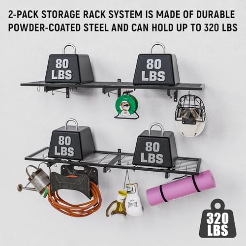 2 Pack Garage Wall Shelves, 46"X 12.5" Garage Shelving Wall Mounted, Heavy Duty Shelf Organizer with 8 Hooks, Black Floating Storage Metal Rack 320 LBS Capacity for Laundry Room, Office, Basement - size: A-2 PACK