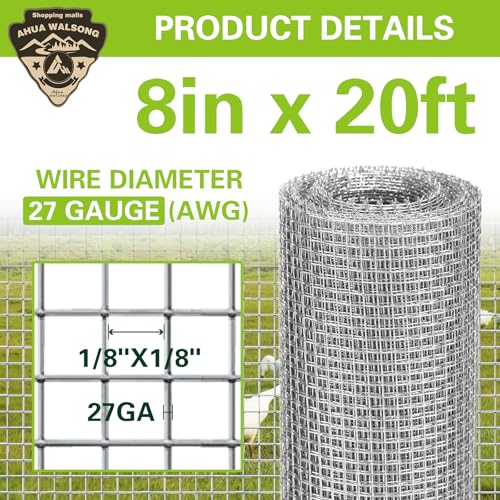 Hardware Cloth 8" x 20', 1/8" 27 Gauge Galvanized Wire Mesh Roll, Welded Metal Screen for Chicken Coops, Poultry Fencing, Animal Cages, Garden Barriers, DIY Craft Projects - size: 1/8" 27ga 8in x 20ft