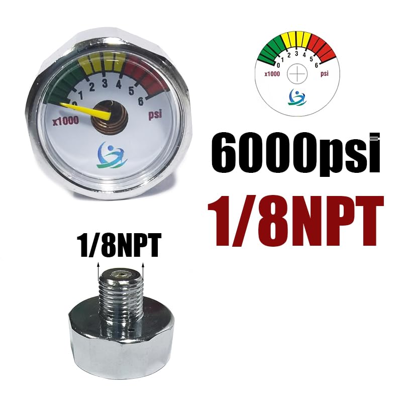 1 inch Pressure Gauge Mini Micro Manometre 1/8NPT for Paintball PCP Airsoft Mountaineering Diving 1500psi, 2000psi, 3000psi, 5000psi, 6000psi (1/8NPT-6000psi) - size: 1/8NPT-6000psi