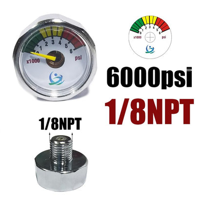 1 inch Pressure Gauge Mini Micro Manometre 1/8NPT for Paintball PCP Airsoft Mountaineering Diving 1500psi, 2000psi, 3000psi, 5000psi, 6000psi (1/8NPT-6000psi) - size: 1/8NPT-6000psi