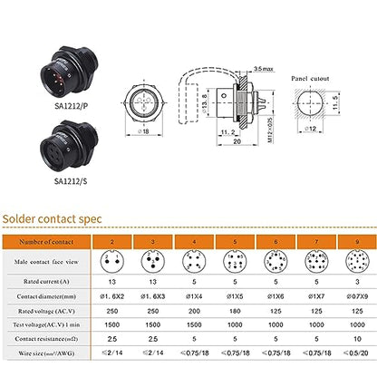 SA12 6Pin Weipu Connector Aviation Push-Pull Solder Cable Connector Plug Panel Mount Socket Female Rear-nut Mount for LED Light Equipment Electrical - size: 6Pin 5A