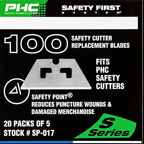 Pacific Handy Cutter SP017 Safety Point Blade for PHC Safety Cutters, Pack of 100, Sharp Edge, Razor Blades for Injury Reduction, Cuts Boxes, Cardboard, Tape, Plastic Straps, and More
