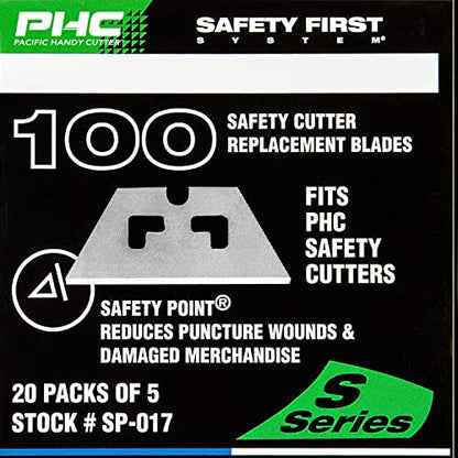 Pacific Handy Cutter SP017 Safety Point Blade for PHC Safety Cutters, Pack of 100, Sharp Edge, Razor Blades for Injury Reduction, Cuts Boxes, Cardboard, Tape, Plastic Straps, and More