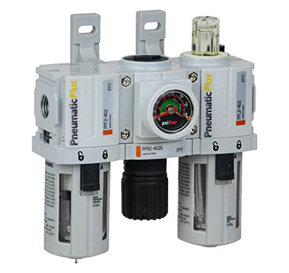 PneumaticPlus PPC2-N02G Mini Compressed Air Filter Regulator Lubricator Combo 1/4" NPT - Poly Bowl, Manual Drain, Embedded Gauge