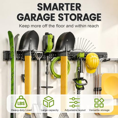 Garage Tool Organizer Wall Mount, 66 Inch Heavy Duty Garage Organization System with 13 Adjustable Hooks, Garden Tool Storage Rack for Garage, Yard & Shed, Holds Up to 520 lbs - size: 66" | 4 Panels + 13 Hooks