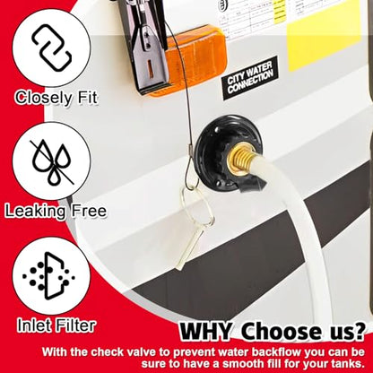 RV City Water Inlet with Check Valve, 3/4 NH Female to 1/2 NPT Male Black Flange RV Fresh Water Inlet, Lead-free Brass RV Water Connection Inlet with Dust Plug for RV Camper Motorhome Trailer Marine - color: Black Small Flange