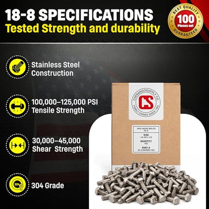 Chenango Supply 1/4-20 x 1/2" Stainless Hex Head Bolts - size: 1/4" X 1/2"