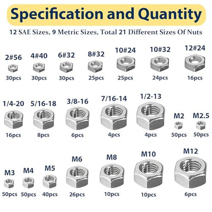 SAE & Metric Hex Nut Assortment Kit 510Pcs Stainless Steel - size: SAE&Metric-510