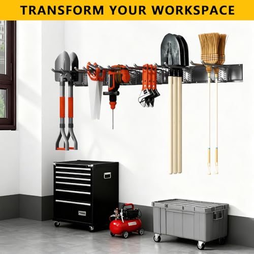 Garage Tool Organizer Wall Mount, 64inch Heavy-Duty Garage Storage System and Garden Tool Organizer with 8 Adjustable Hooks for Shovel, Snowboard, Yard Tools and Shed - size: 64"-8hooks