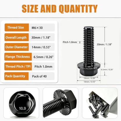 mankk 40PCS M6-1.0 x 30mm Flanged Hex Head Bolts,10.9 Grade High Tensile Alloy Steel, Black Zinc Plated, Full Thread, for Motorcycle, Auto, Farm Equipment & DIY - size: BK M6x30mm