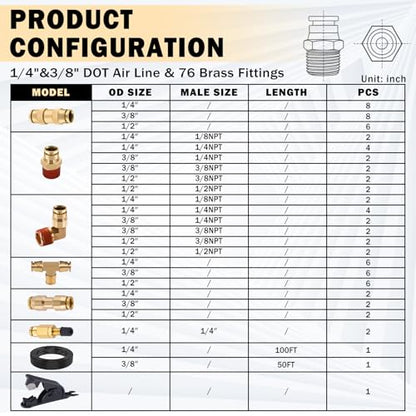 CheeMuii 76 Pcs Brass DOT Air Line Fittings with 1/4" & 3/8" DOT Air Hoses - size: 2ROLL-80PCS-BLACK