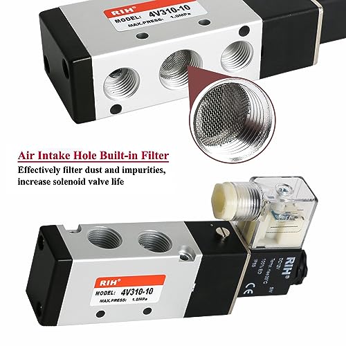 RIH Pneumatics Solenoid Valve 4V310-10 12V/24V/110V Series Single Coil Pilot-Operated Electric 2 Position 5 Way Connection Type (DC12V/Junction Box, 3/8"NPT) - size: DC12V/Junction Box, style: 3/8"NPT
