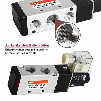 RIH Pneumatics Solenoid Valve 4V310-10 12V/24V/110V Series Single Coil Pilot-Operated Electric 2 Position 5 Way Connection Type (DC12V/Junction Box, 3/8"NPT) - size: DC12V/Junction Box, style: 3/8"NPT