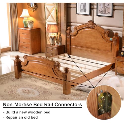 Bed Rail Brackets - Wooden Bed Frame Hardware - Heavy Duty Non-Mortise Bed Rail Fittings - Set of 4 (Screws Included)