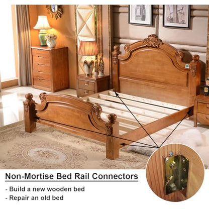 Bed Rail Brackets - Wooden Bed Frame Hardware - Heavy Duty Non-Mortise Bed Rail Fittings - Set of 4 (Screws Included)