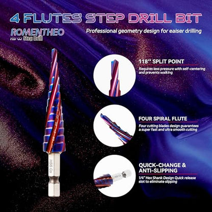 Four Spiral Flute Cobalt Step Drill Bit(Pro),M35 High Speed Steel,1/4" Hex Shank Step Bits for Metal, Stainless Steel, Aluminum, Plastic,1/8" - 1/2"(13 Step Size) - size: 1/8" - 1/2"