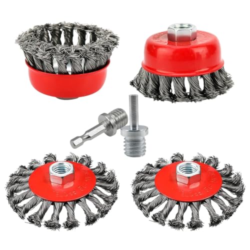 4Pcs Wire Wheel Brush for Rust,Paint,Metal Removal, 4" Flat Knotted Twist Carbon Steel Brush & 3" Knotted Wire Cup Brush,Fits 5/8"-11 UNC Arbor(with 2 Pcs 1/4" Shank Drill Adapter) - style: 4" Flat Knotted Wire Wheel & 3" Knotted Wire Cup Brush