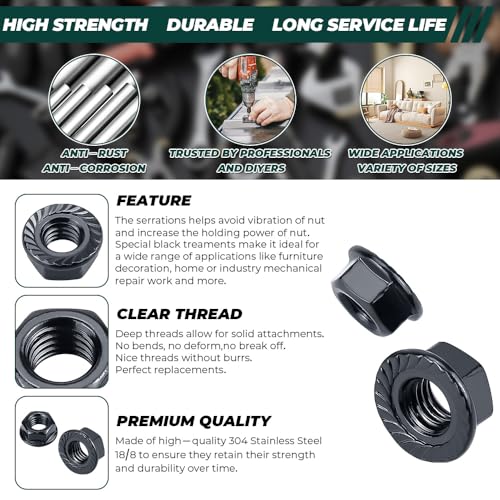 3/8-16 Black Flange Nuts (25 pcs), 304 Stainless Steel 18/8, Black Oxide Coated, Serrated Flange Hex Nuts, Fayeploo - color: Black, size: 3/8"-16