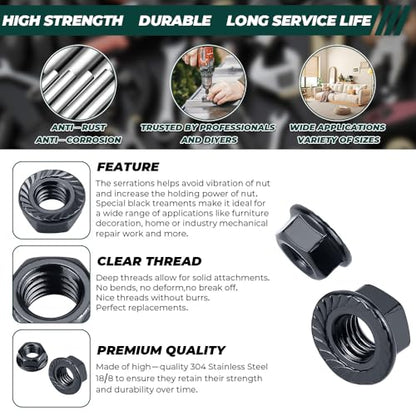 3/8-16 Black Flange Nuts (25 pcs), 304 Stainless Steel 18/8, Black Oxide Coated, Serrated Flange Hex Nuts, Fayeploo - color: Black, size: 3/8"-16