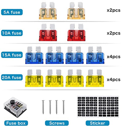 12 Volt Fuse Block, Waterproof 6 Way Fuse Box with 6 Ground Negative Busbar for Automotive[100 Amp Max] [ATC/ATO Fuses] [LED Indicator] [2 Spare Fuse Slots] for Car Boat Marine RV DC 12-24V - style: 6 Way Upgrade