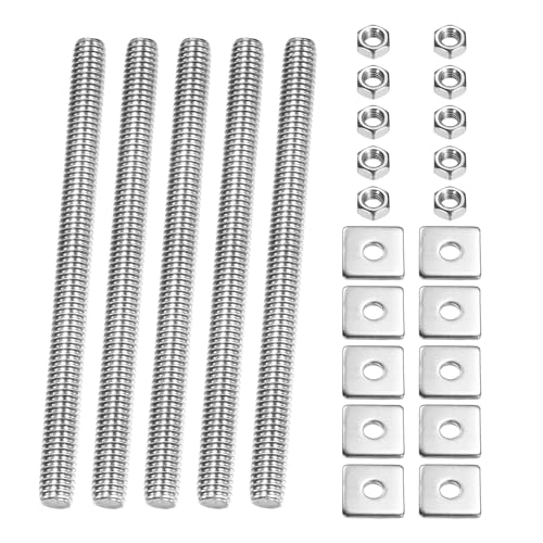 PATIKIL 5 Pcs Fully Threaded Rod, M6 x 80mm 304 Stainless Steel Right Hand Long Thread Bar Studs with Nuts Square Washers for Pipes Clamps Hangers U-Bolts